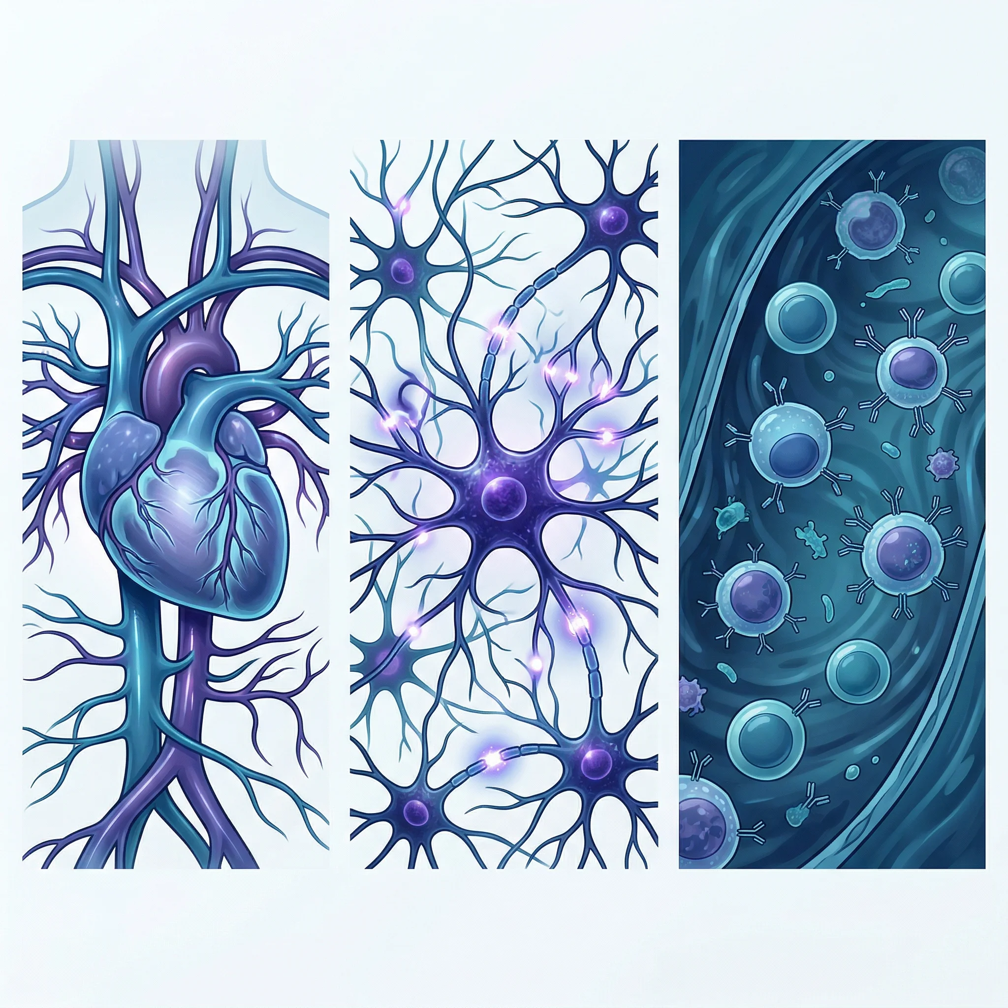 Split illustration showing three panels depicting heart tissue, brain neurons, and immune cells each benefiting from spermidine