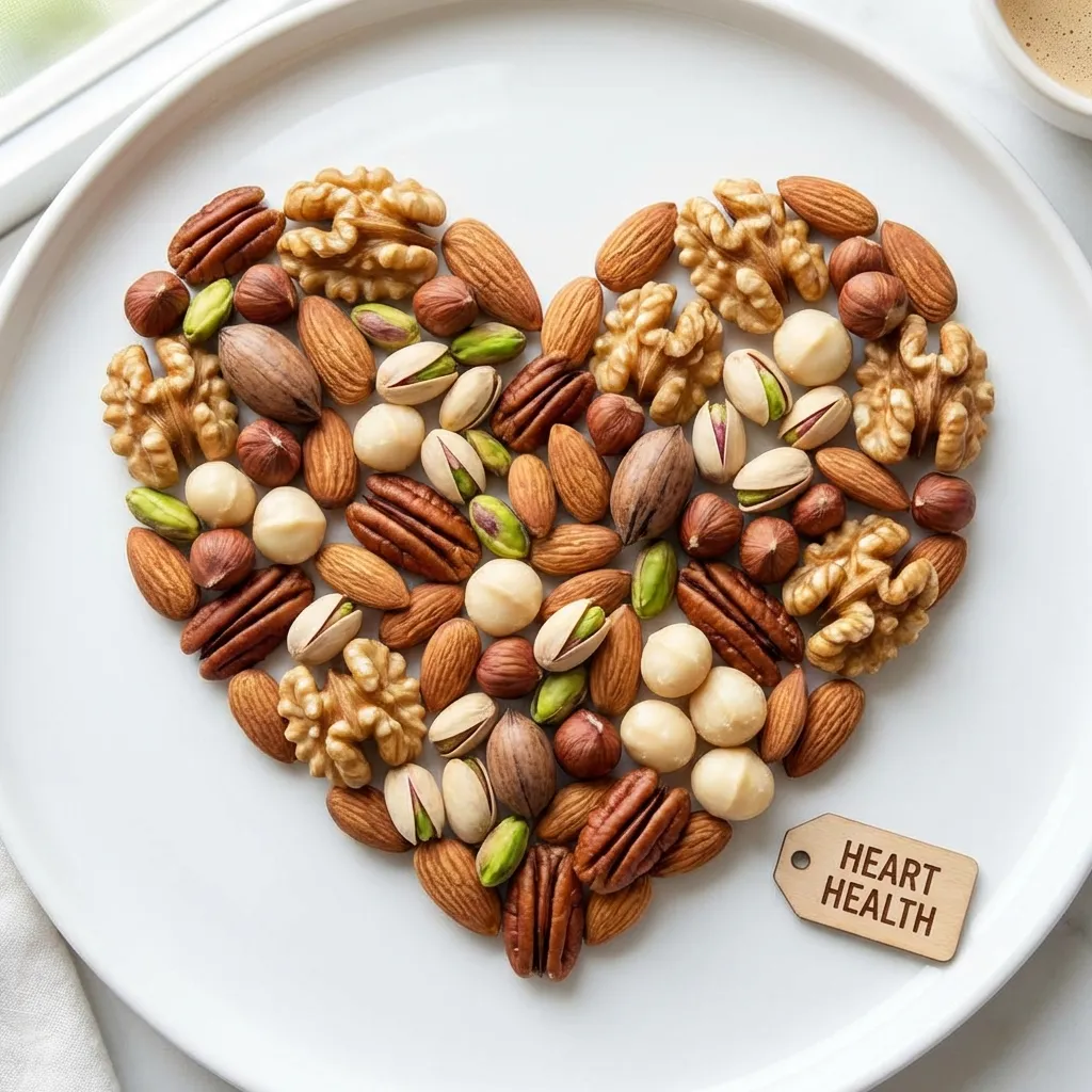 Heart shape formed by various nuts on a clean surface, symbolizing the cardiovascular benefits of nut consumption