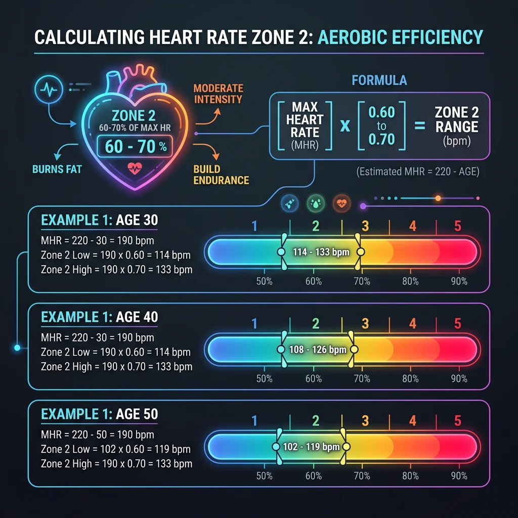 Infographic showing how to calculate zone 2 heart rate range using the 220-minus-age formula with example calculations for ages 30, 40, and 50
