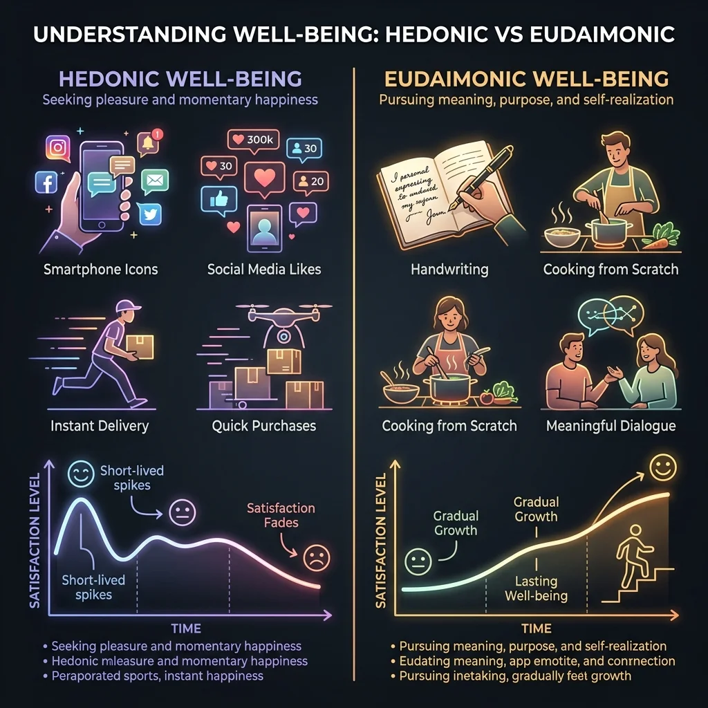 Infographic comparing hedonic well-being from digital convenience with eudaimonic well-being from effortful analog activities