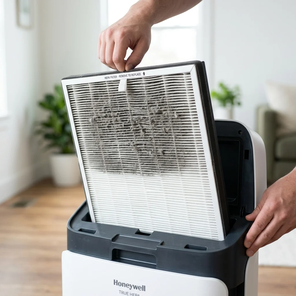 Close-up of a used HEPA filter being removed from an air purifier showing trapped particles and dust on the pleated filter material