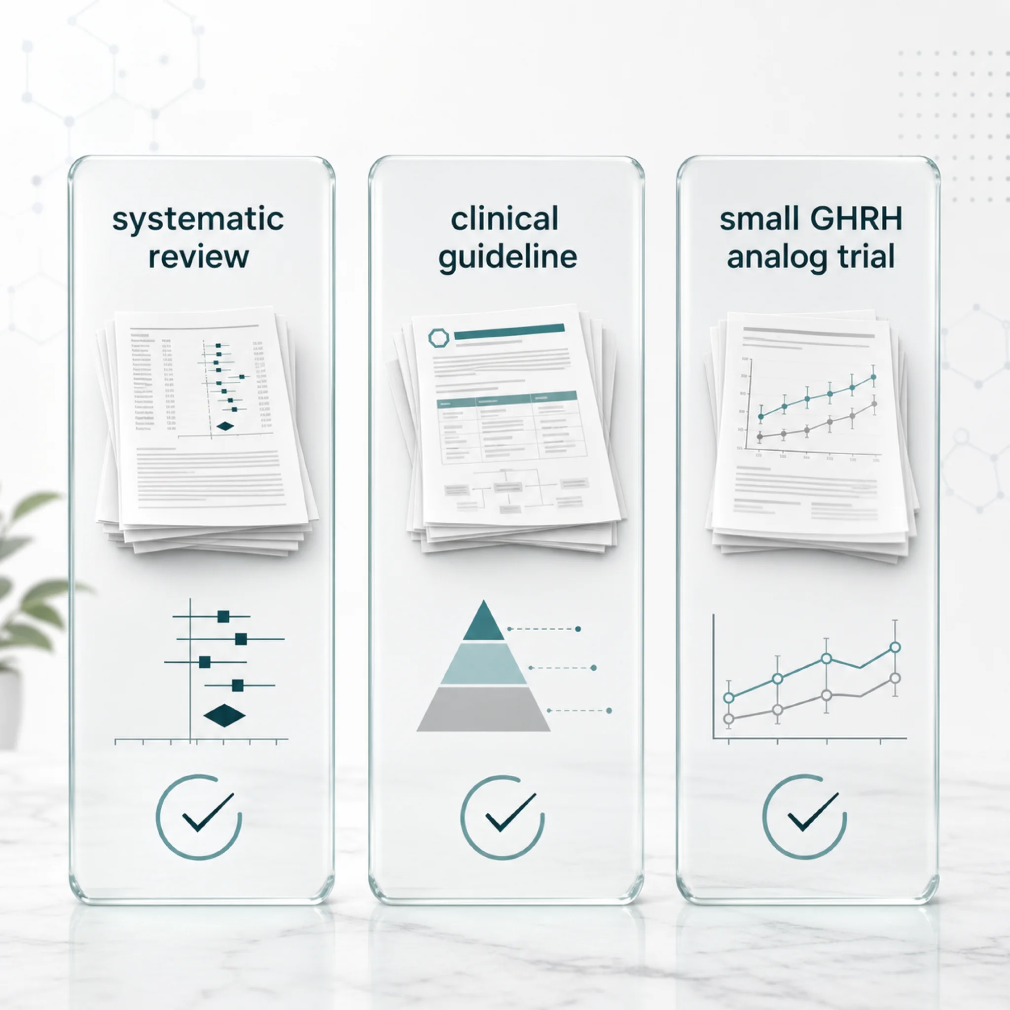 Evidence comparison showing systematic reviews and a small GHRH analog trial