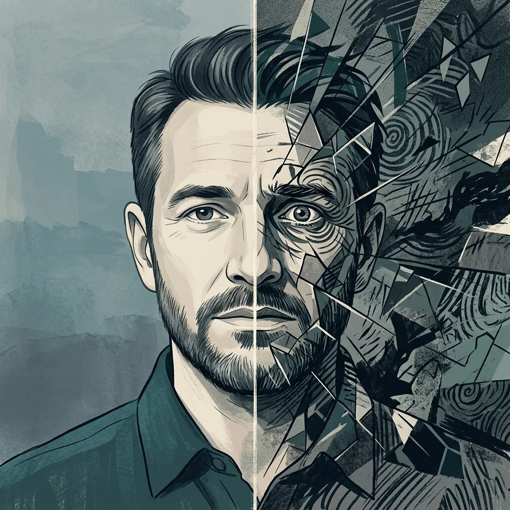 Split illustration of a man showing composed exterior on one side and inner emotional turmoil represented by abstract patterns on the other