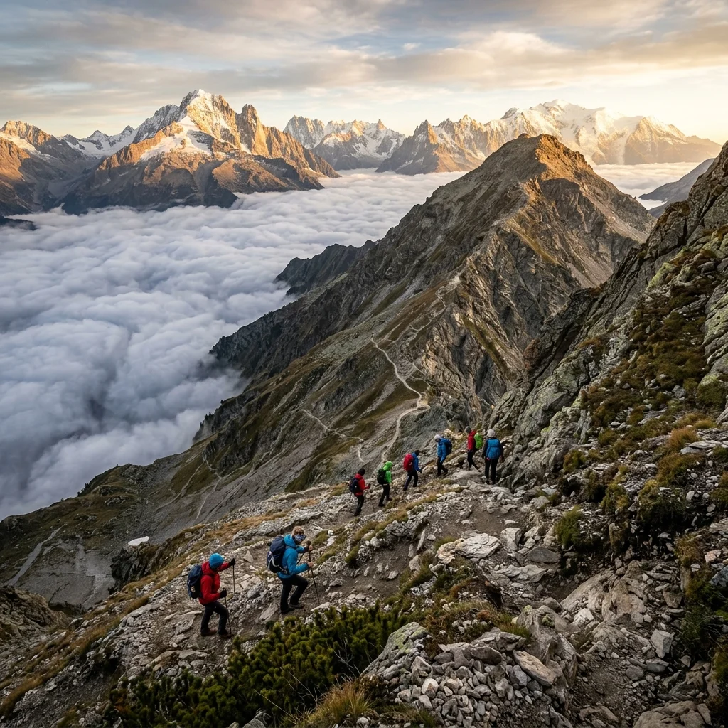 Hikers ascending a steep mountain trail above the clouds at high altitude