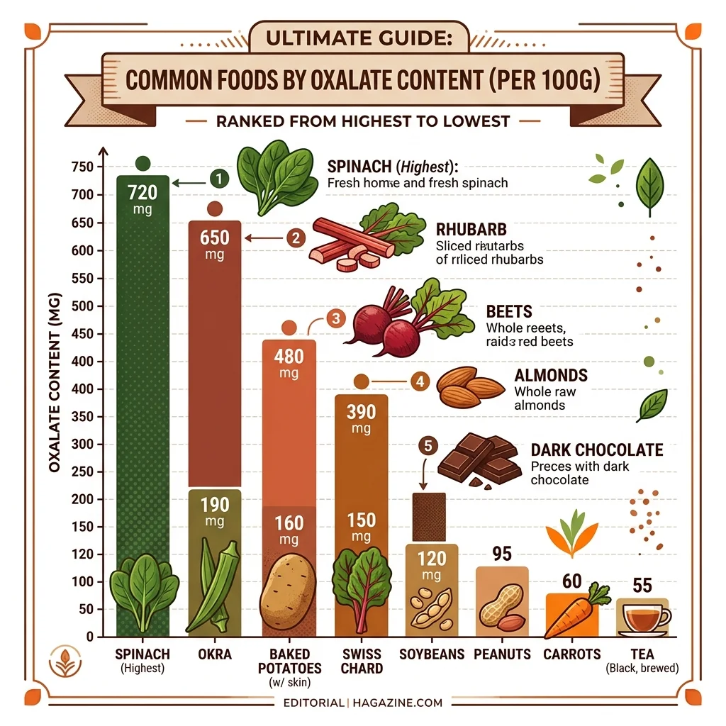 Infographic ranking common foods by oxalate content from highest to lowest