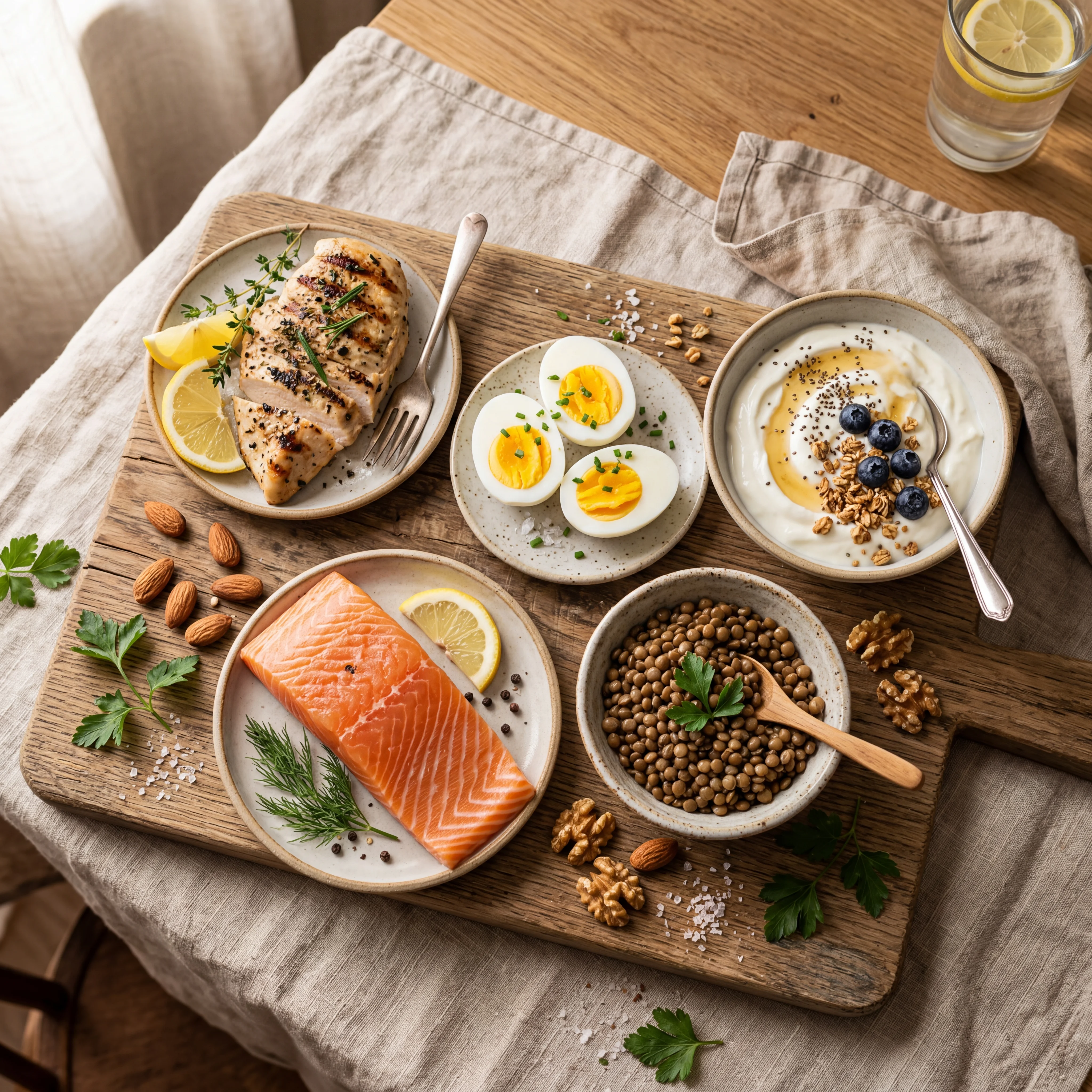 Assortment of high-protein foods arranged on a wooden surface including eggs, chicken breast, Greek yogurt, salmon, and legumes