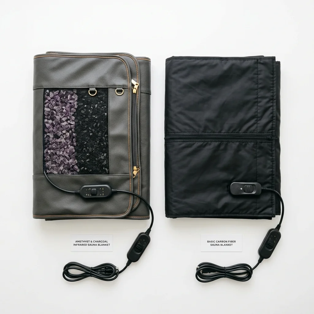 Two sauna blankets compared side by side showing premium multi-layer construction versus simple carbon fiber design