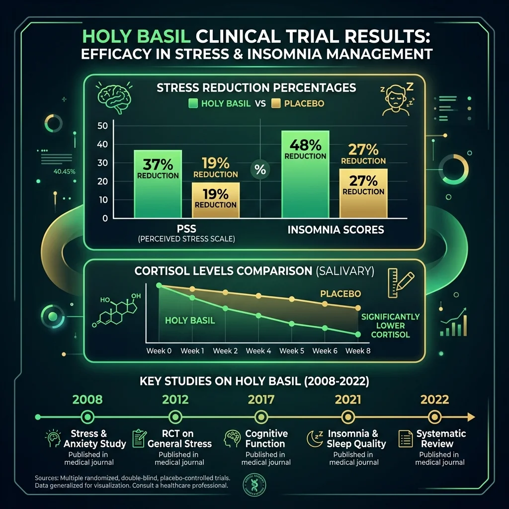 Infographic comparing holy basil clinical trial outcomes for stress and insomnia reduction versus placebo