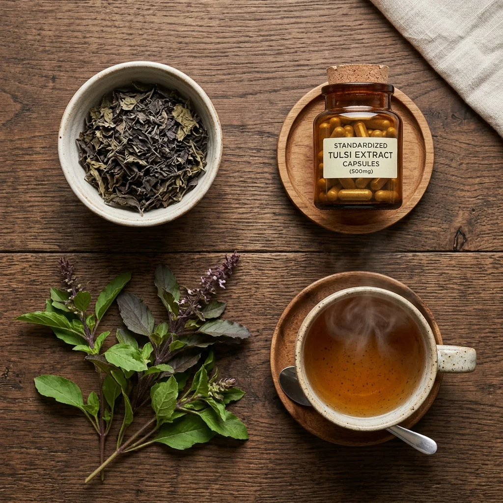 Different forms of holy basil: dried leaves, capsules, fresh sprigs, and brewed tea arranged on a wooden surface