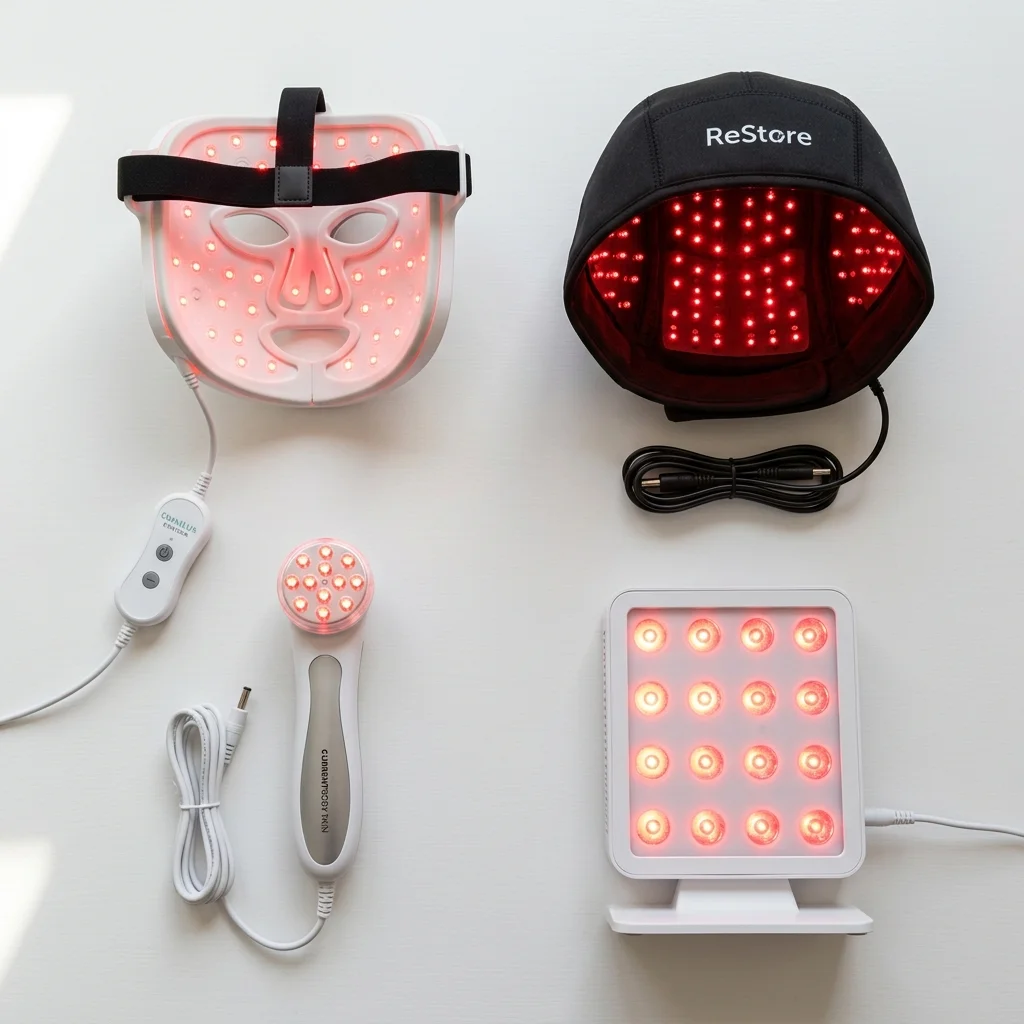 Various types of home red light therapy devices including face mask, wand, cap, and panel