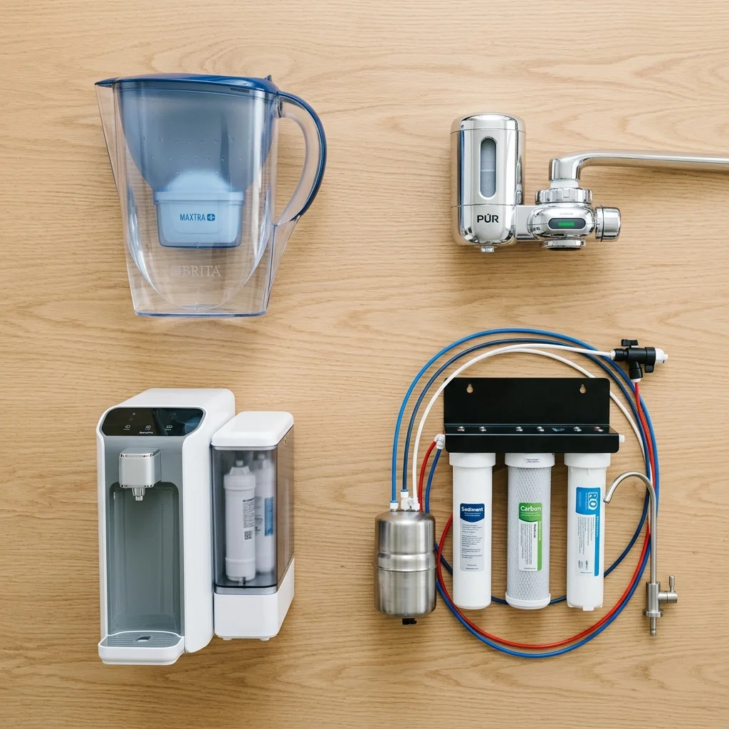 Various home water filtration options including pitcher filter, faucet mount, under-sink system, and reverse osmosis unit