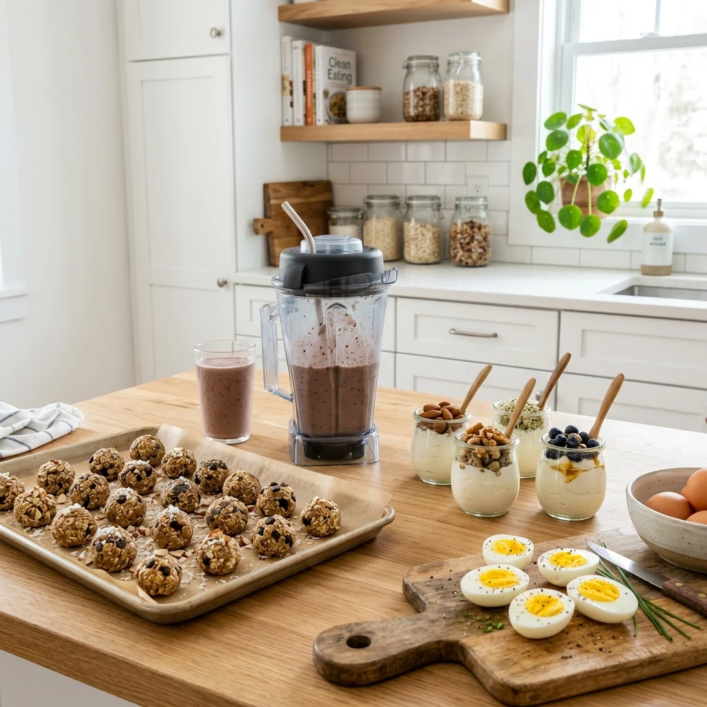 Kitchen scene showing preparation of homemade protein snacks including energy balls, smoothie, Greek yogurt, and eggs