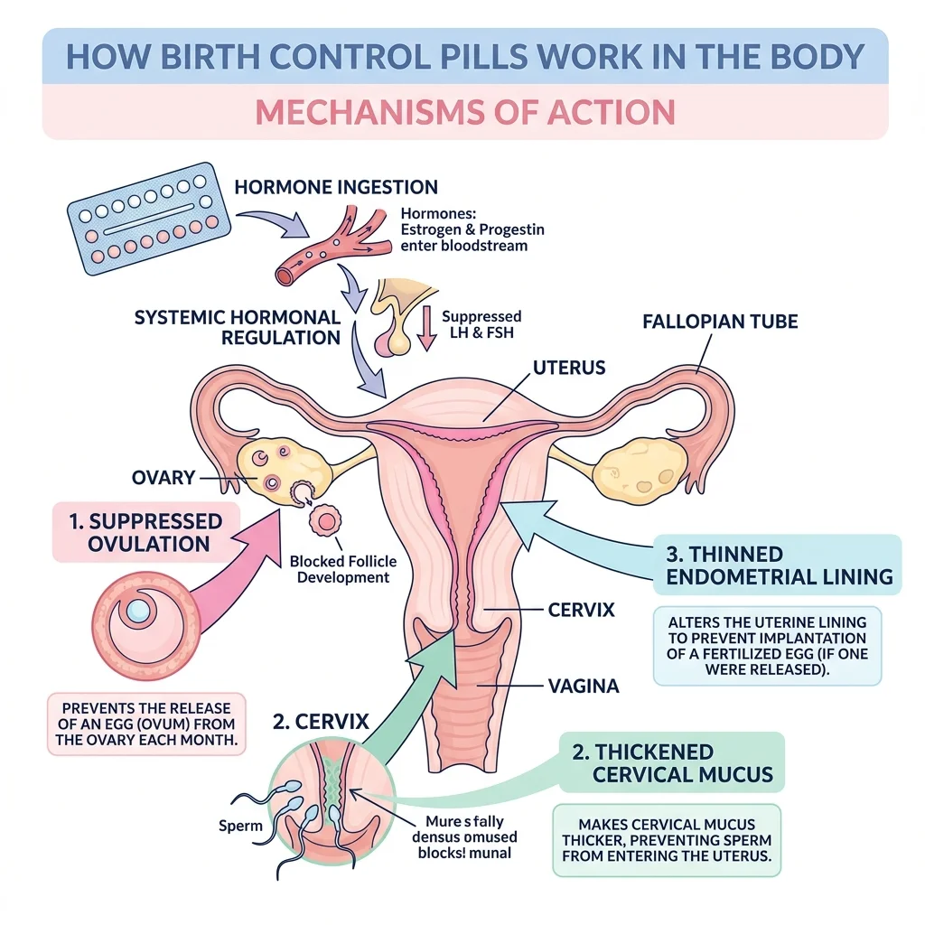 Infographic showing how combined and progestin-only contraceptives suppress ovulation and alter cervical mucus