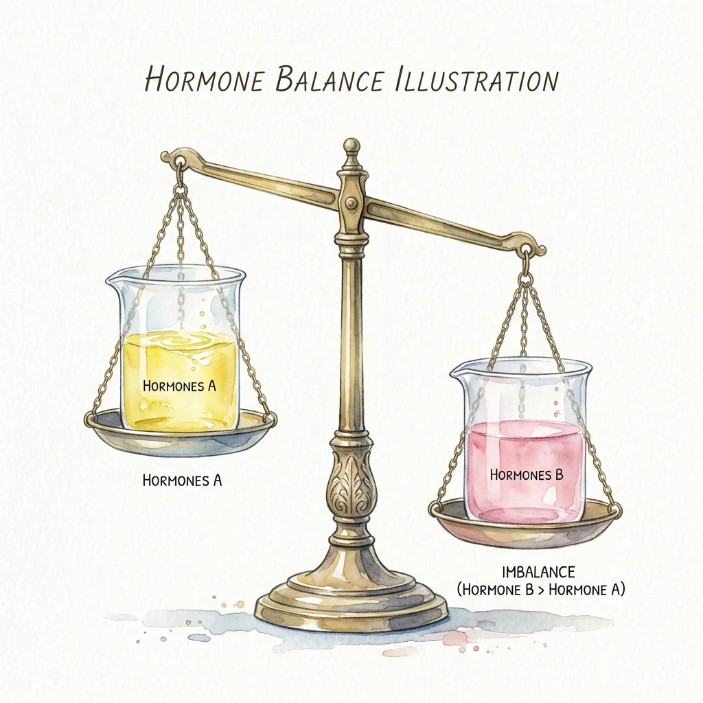 Illustration showing the estrogen-progesterone balance concept with a tipping scale