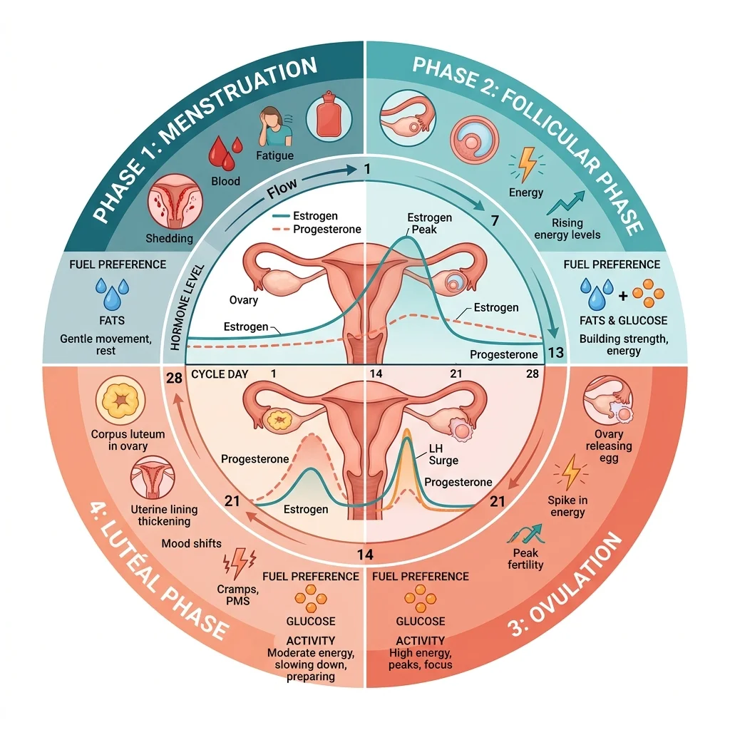 Infographic showing estrogen and progesterone levels with fuel source shifts across menstrual cycle phases