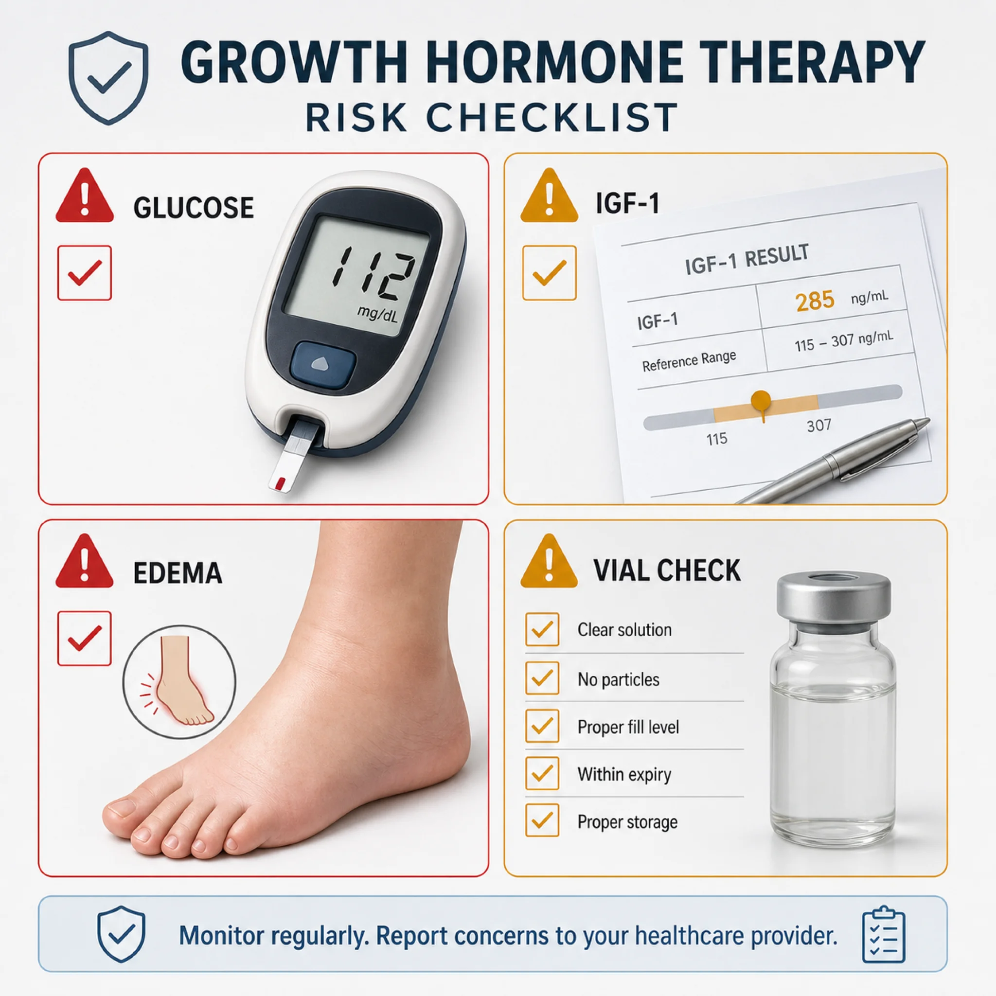 Checklist of monitoring points for growth hormone and peptide therapy