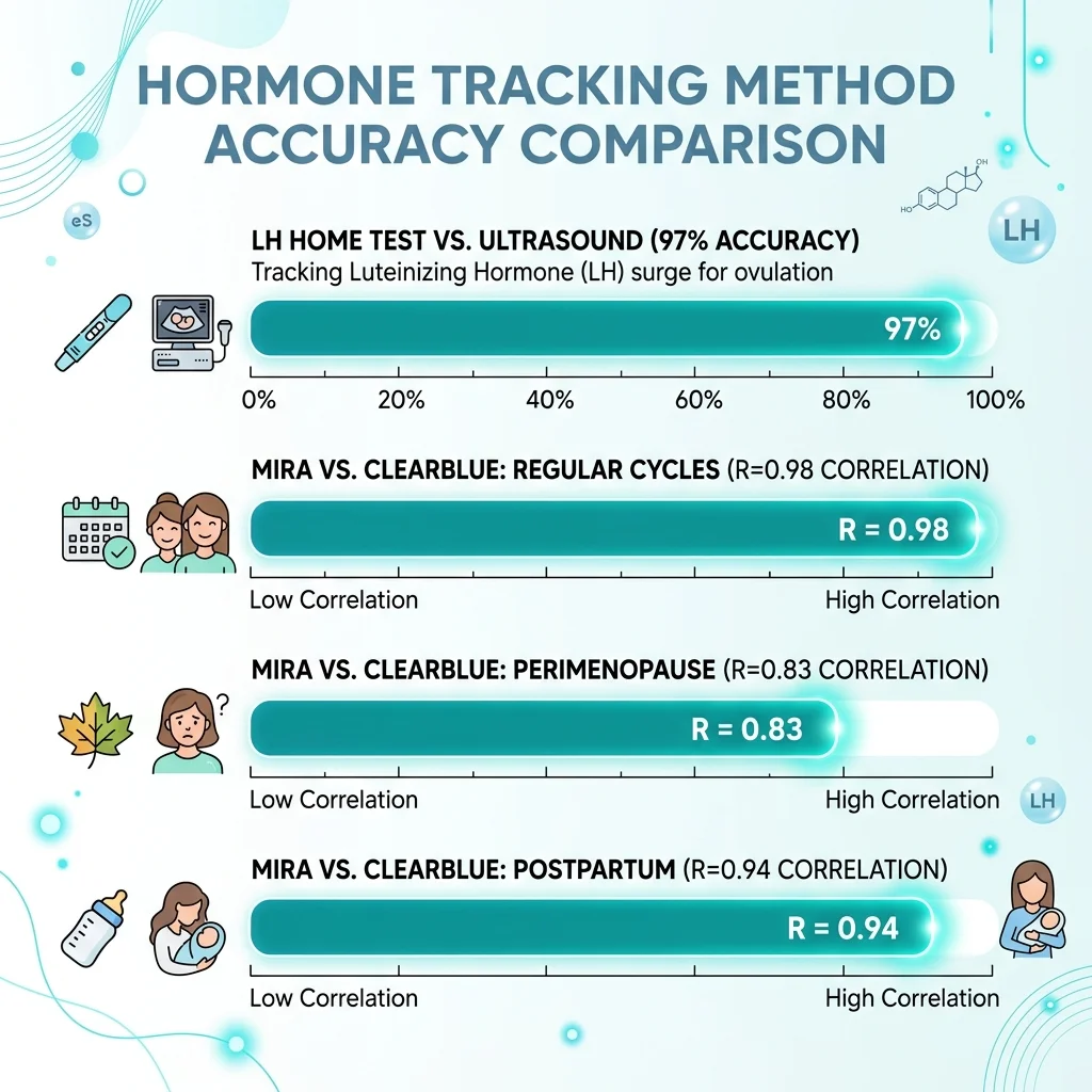 Accuracy comparison chart showing correlation values between different hormone tracking methods in regular, perimenopause, and postpartum cycles