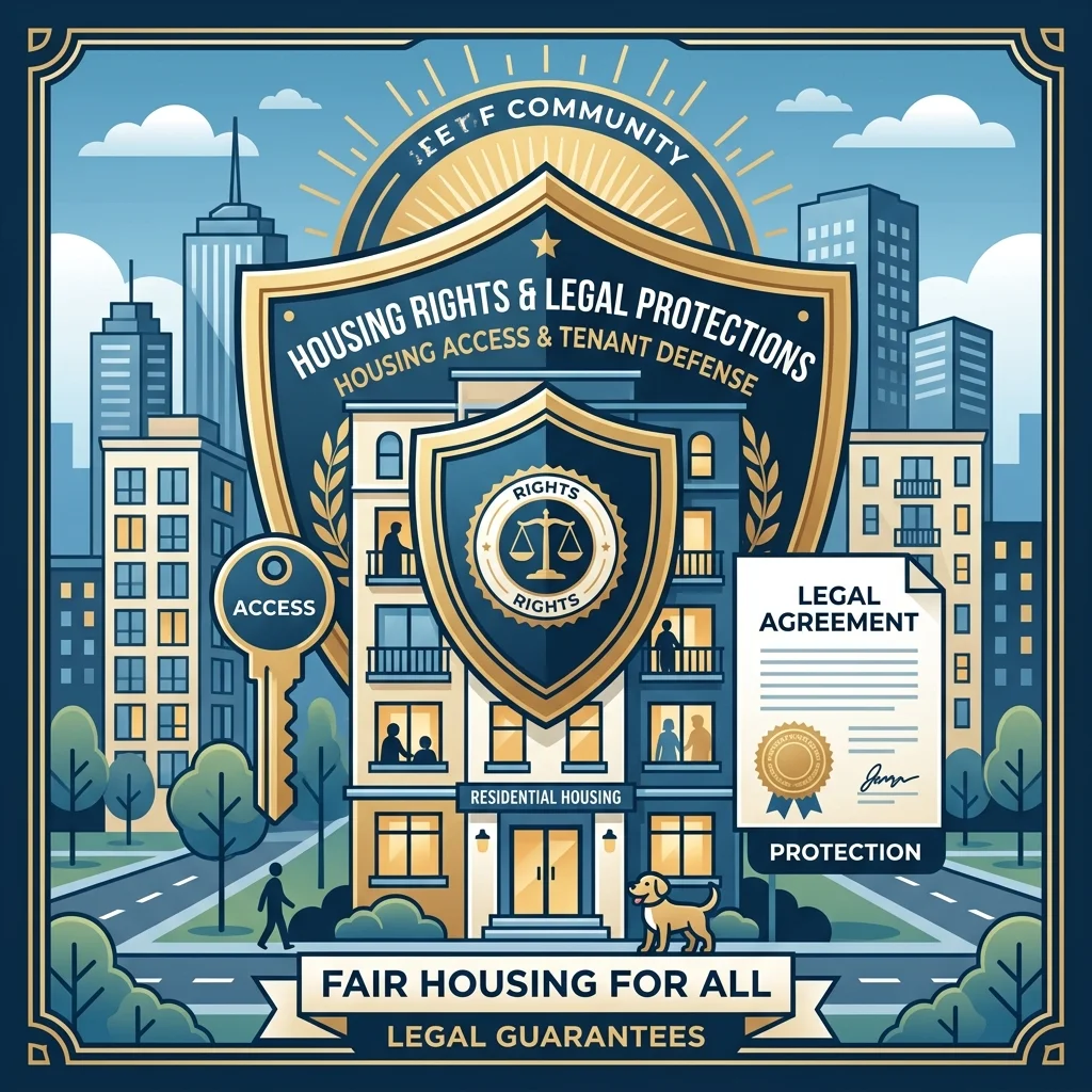 Conceptual illustration of Fair Housing Act legal protections for emotional support animal owners in rental housing