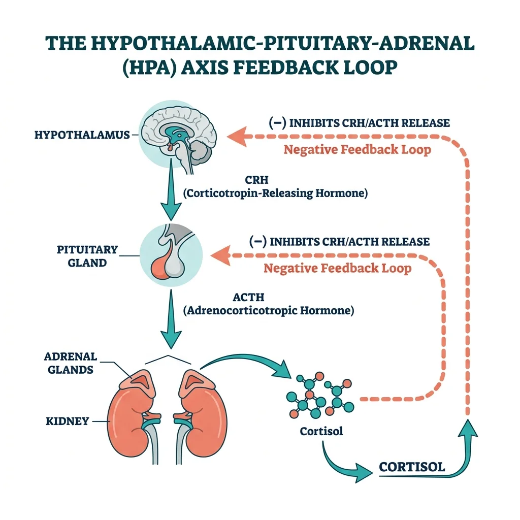 Diagram showing the hypothalamus-pituitary-adrenal feedback loop with CRH, ACTH, and cortisol signals