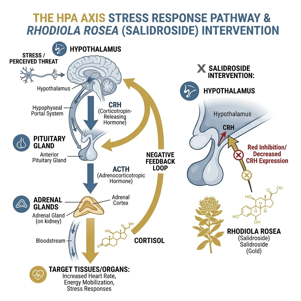 Infographic showing how Rhodiola rosea salidroside modulates the HPA axis stress response pathway