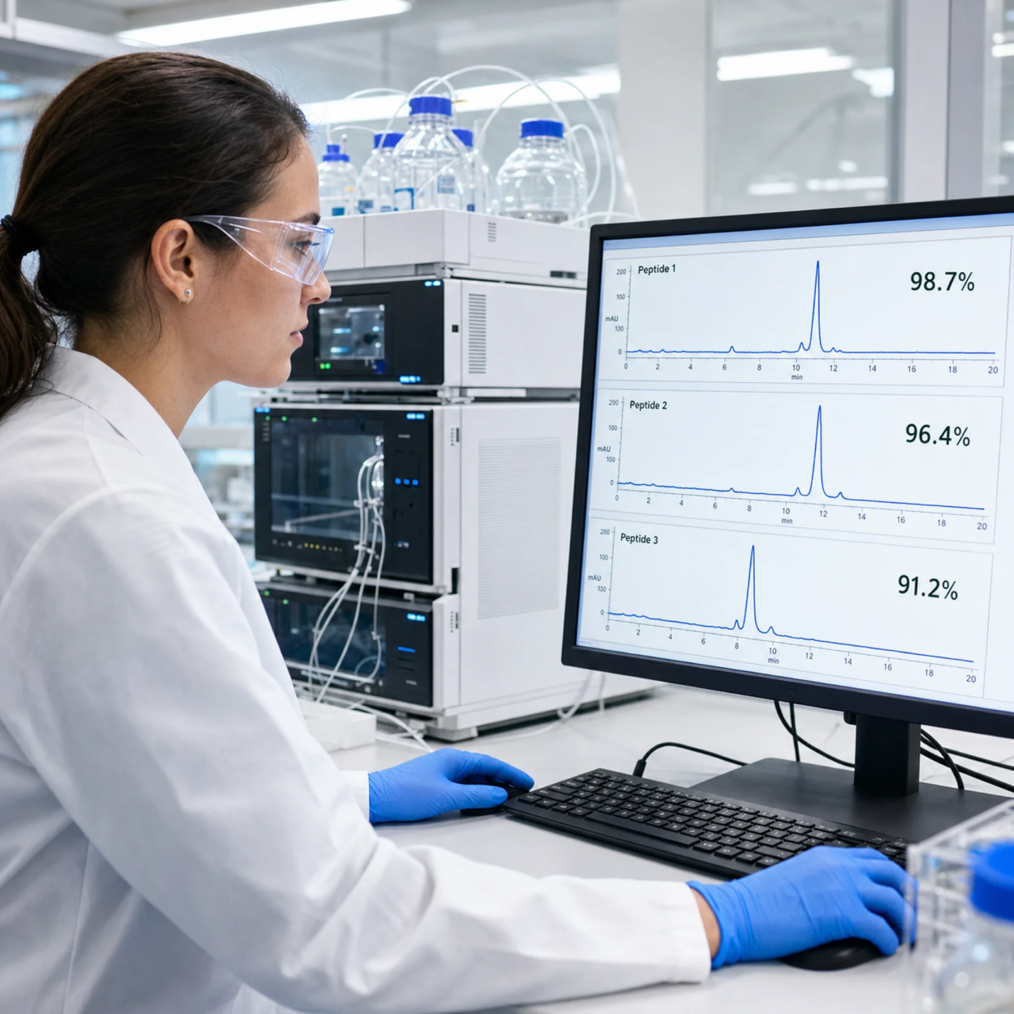 Laboratory technician analyzing HPLC chromatogram results for peptide purity testing