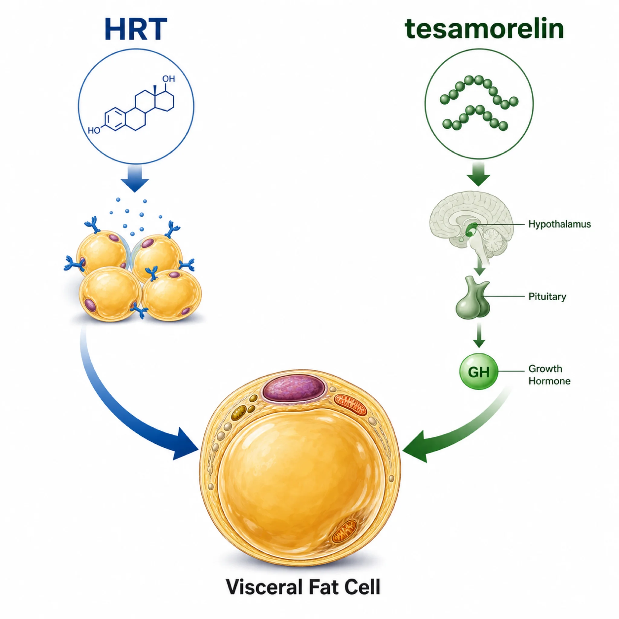 Medical illustration of parallel HRT and peptide therapy pathways targeting visceral fat through different mechanisms