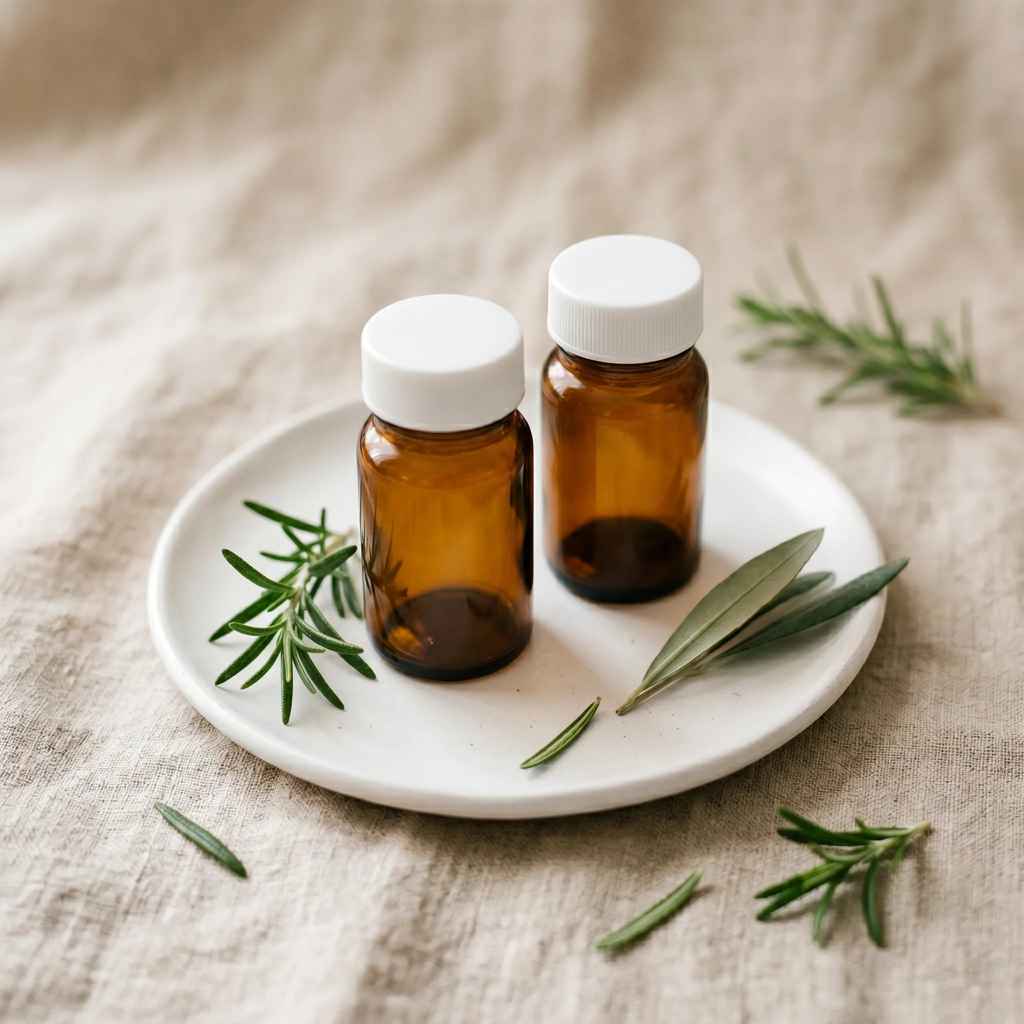 Two small unmarked prescription bottles on a beige linen background with rosemary sprigs, soft natural light