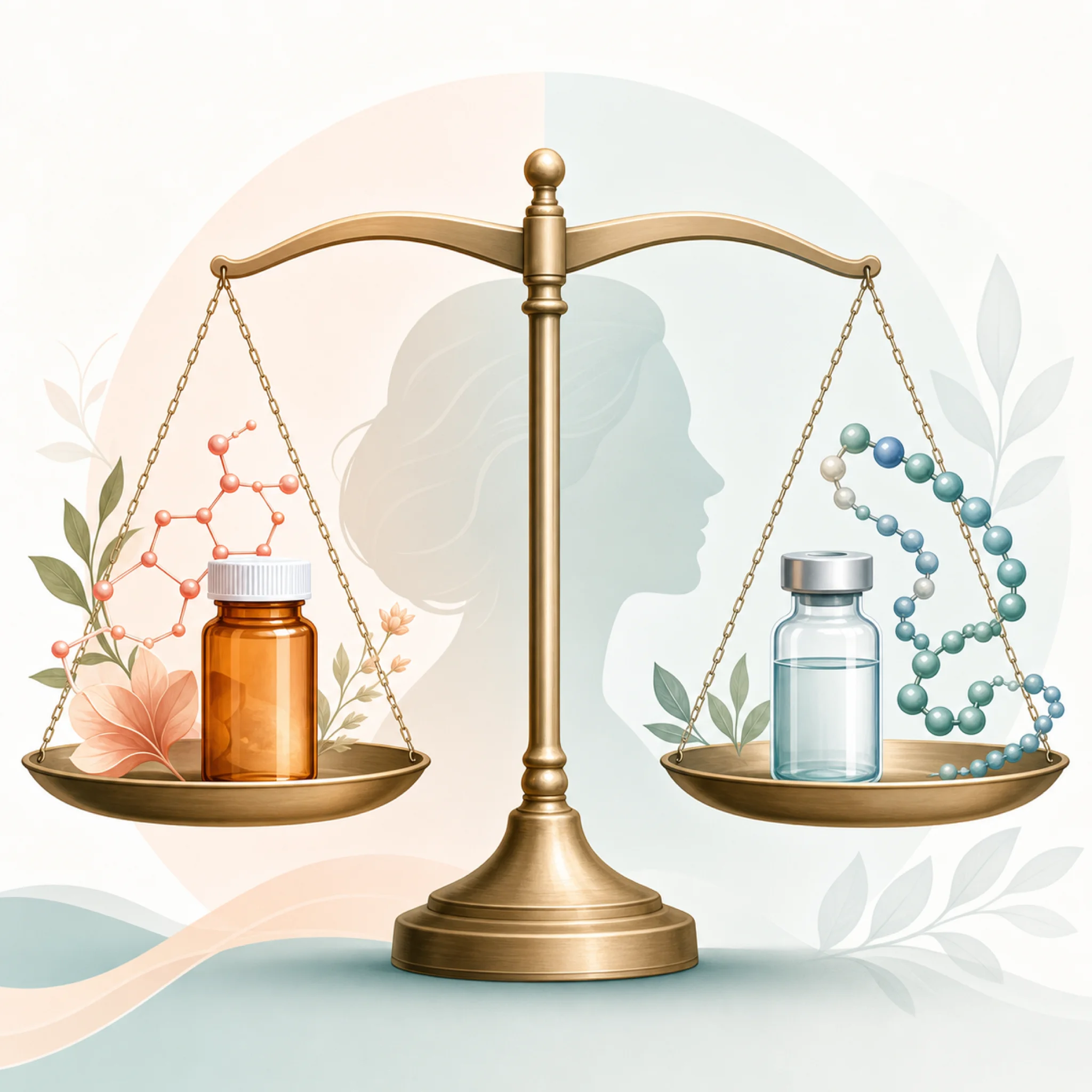 Balanced scale comparing established HRT benefits against emerging but less proven peptide therapy benefits