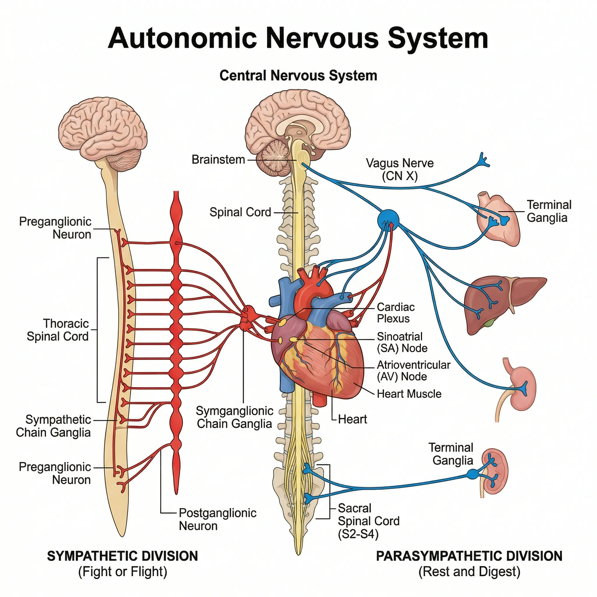 Diagram showing sympathetic and parasympathetic nervous system branches affecting heart rate