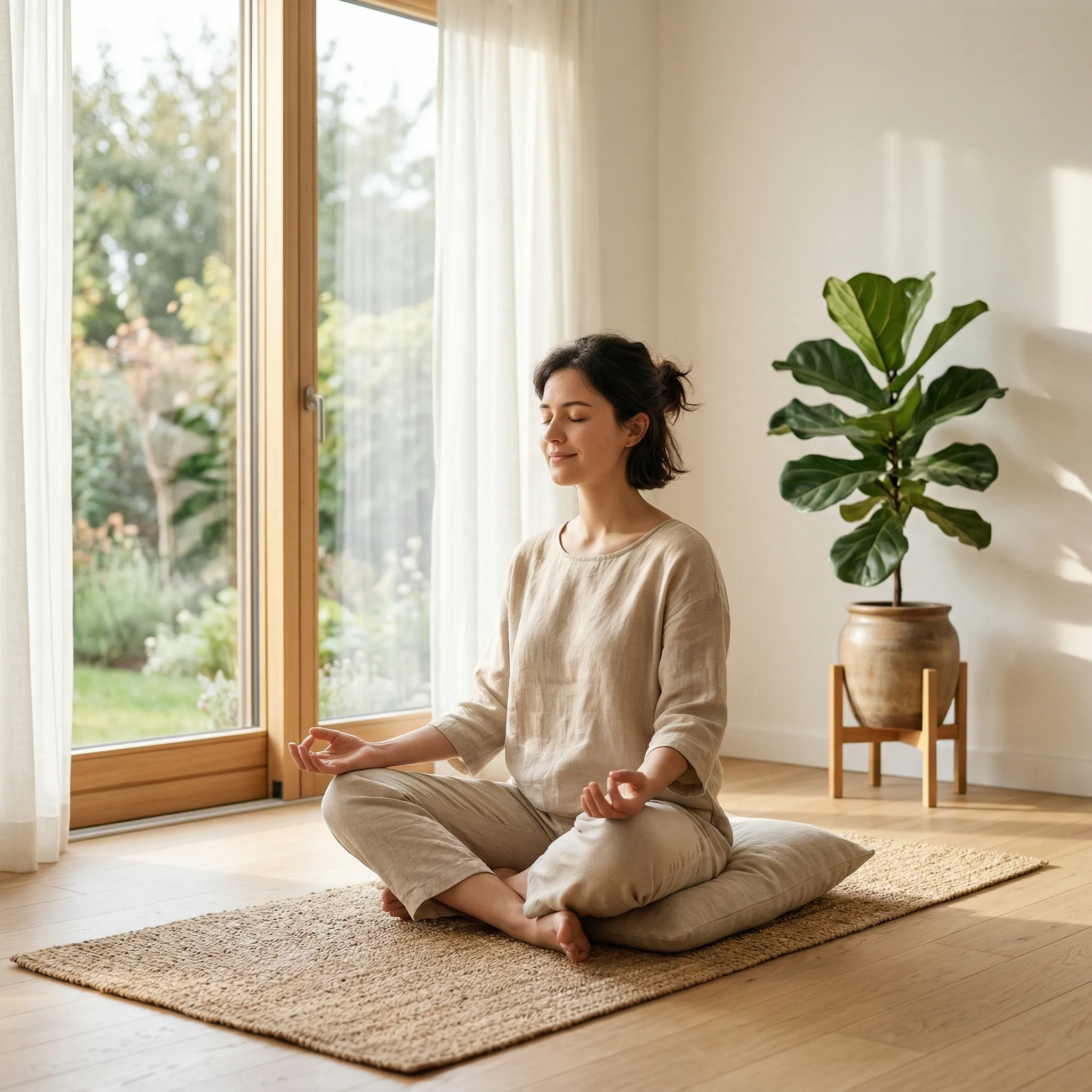 Person practicing slow breathing meditation in a quiet room with morning light
