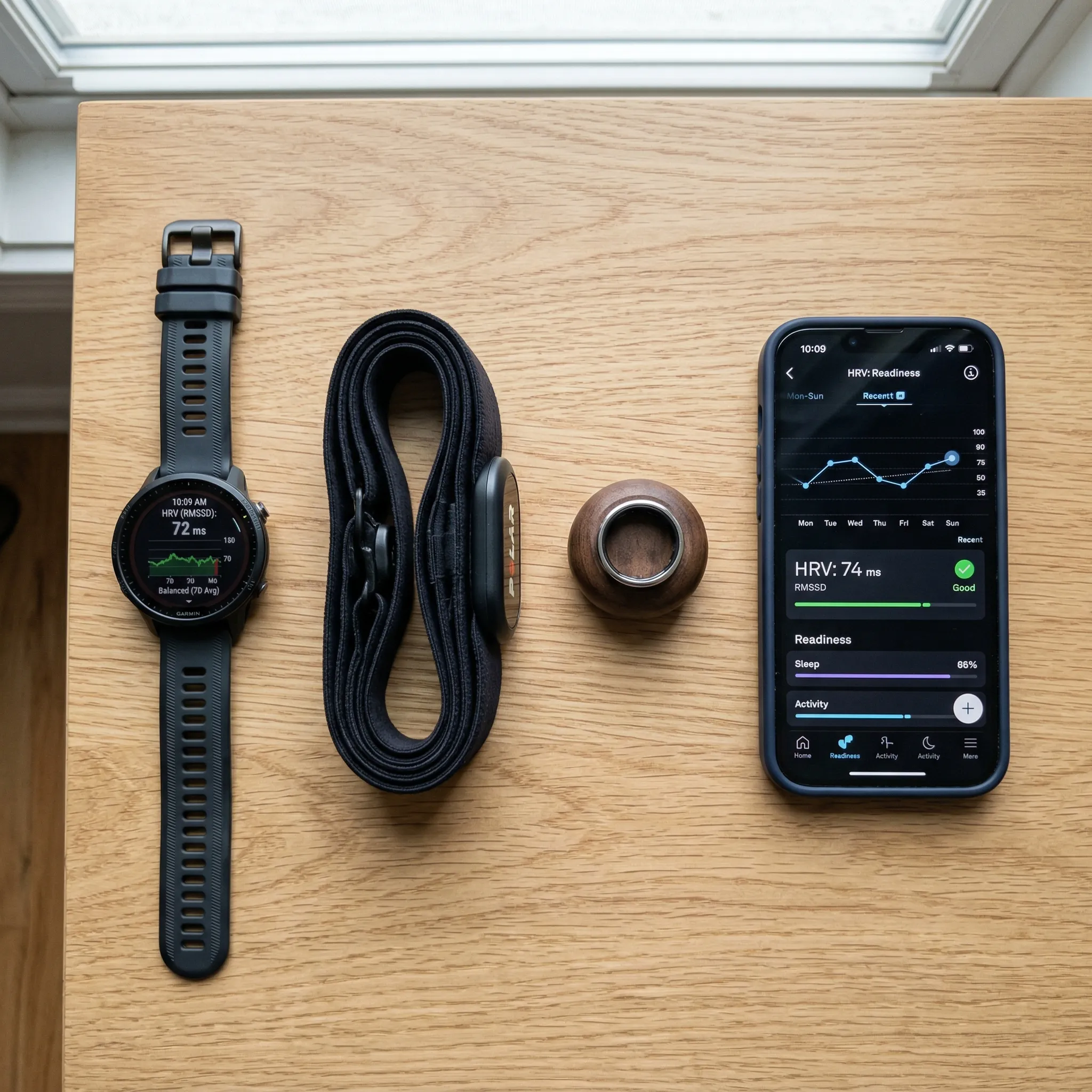 Collection of wearable health devices including a smartwatch and chest strap used for heart rate variability tracking