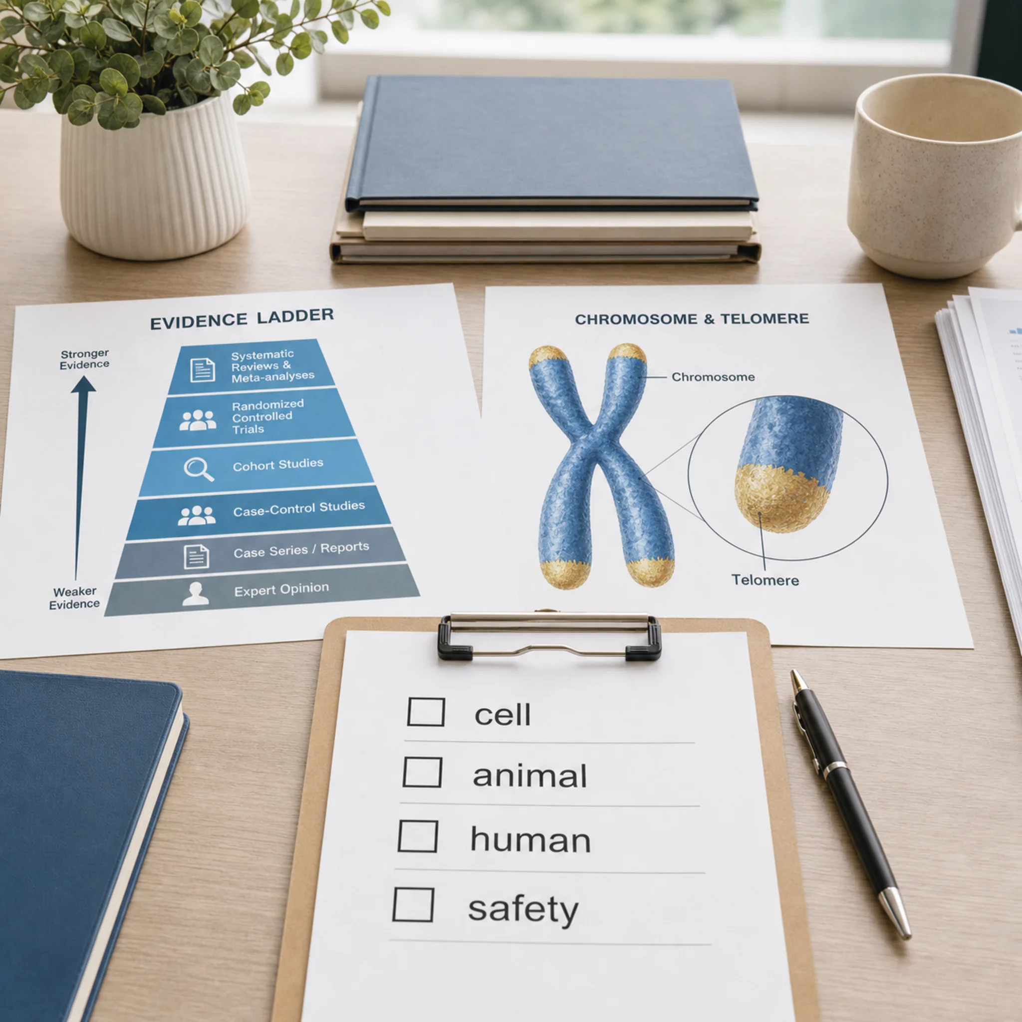 Evidence checklist separating cell, animal, human, and safety data for Epitalon