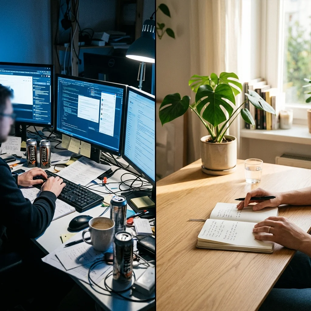 Side-by-side comparison of a chaotic hustle-culture workspace versus a calm, intentional slow-living workspace