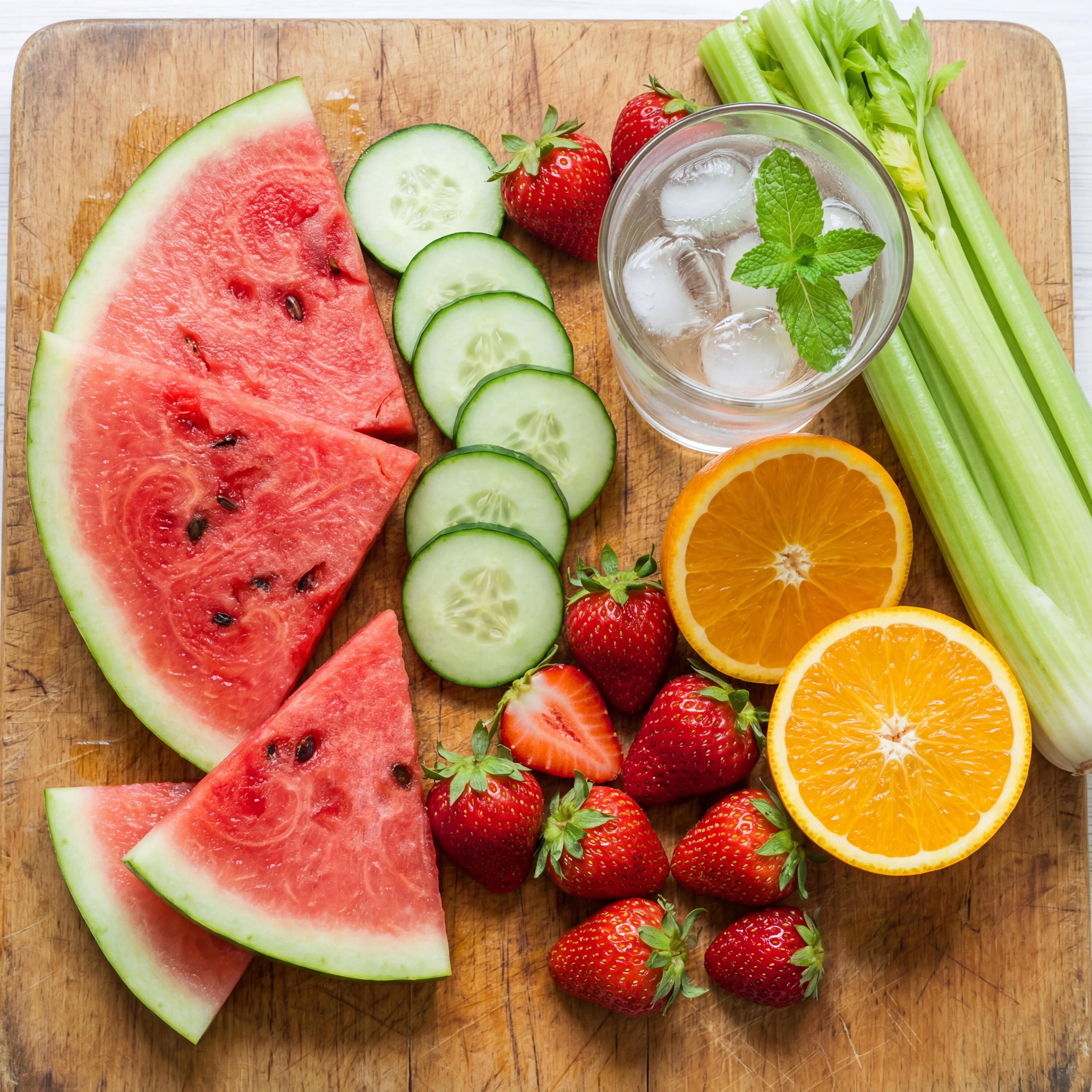 Colorful arrangement of water-rich fruits and vegetables including watermelon slices, cucumber, oranges, and strawberries on a wooden cutting board