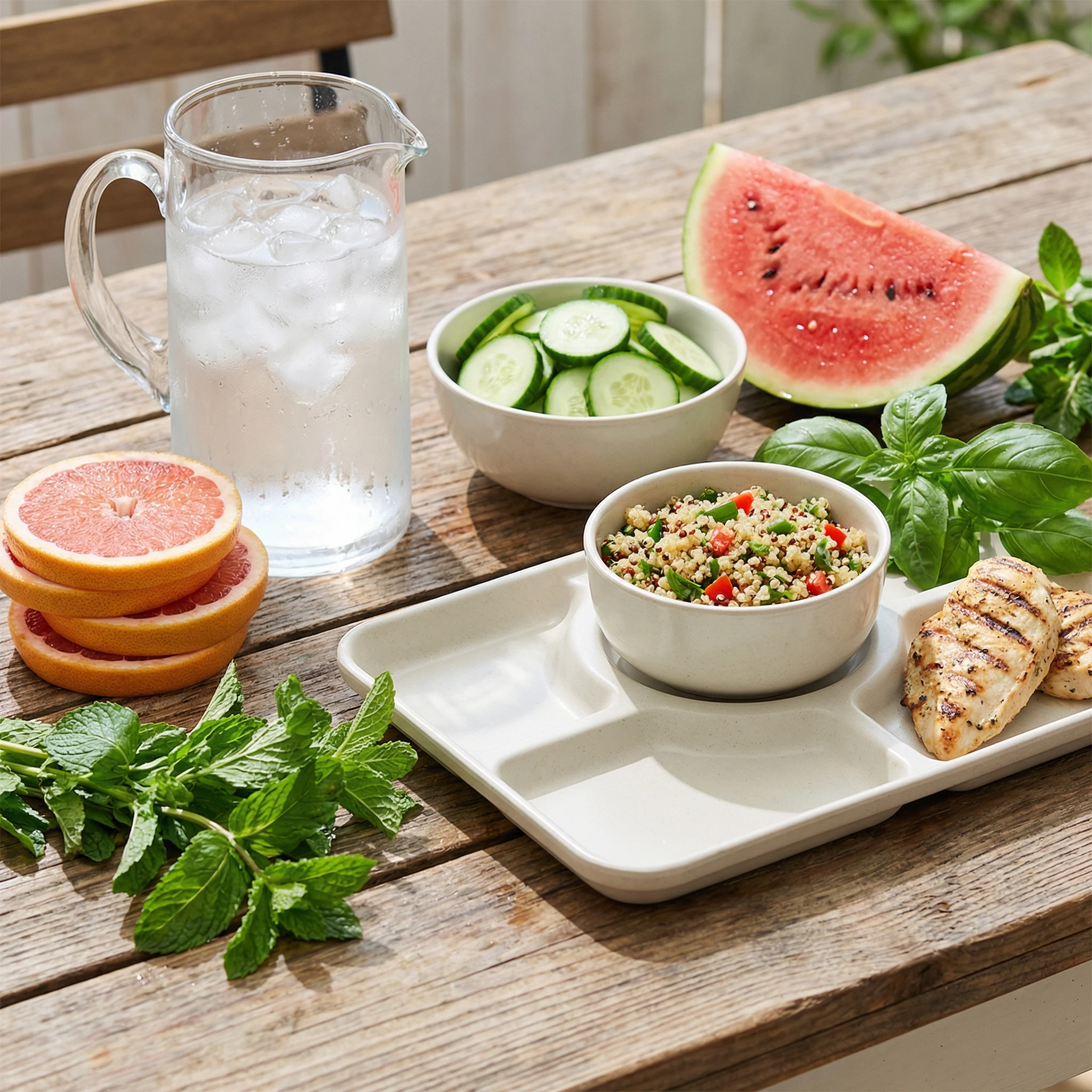 Water pitcher with citrus and hydrating produce arranged beside a simple meal to illustrate kidney-supportive hydration habits.