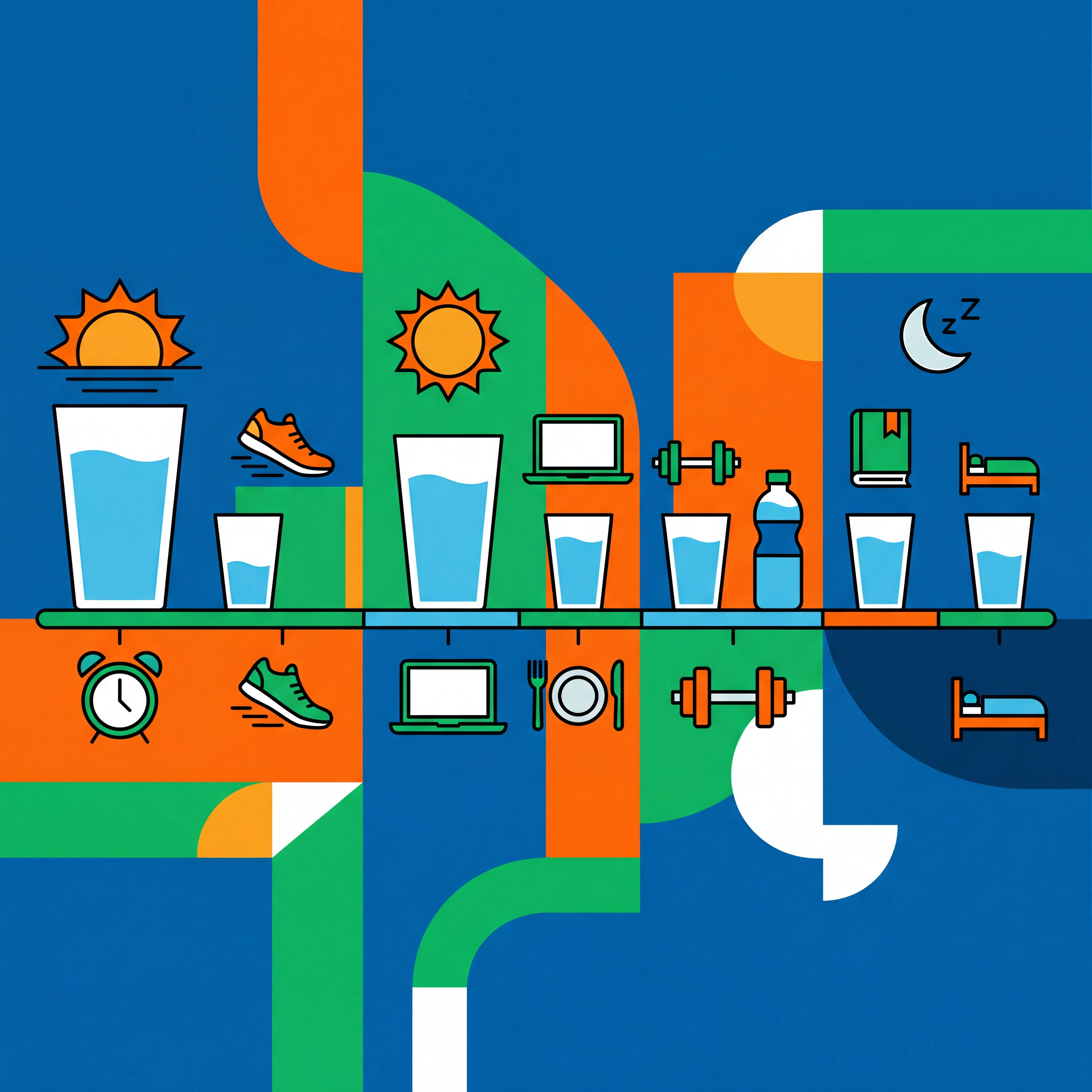 Infographic-style visual showing a daily hydration routine from morning through evening.