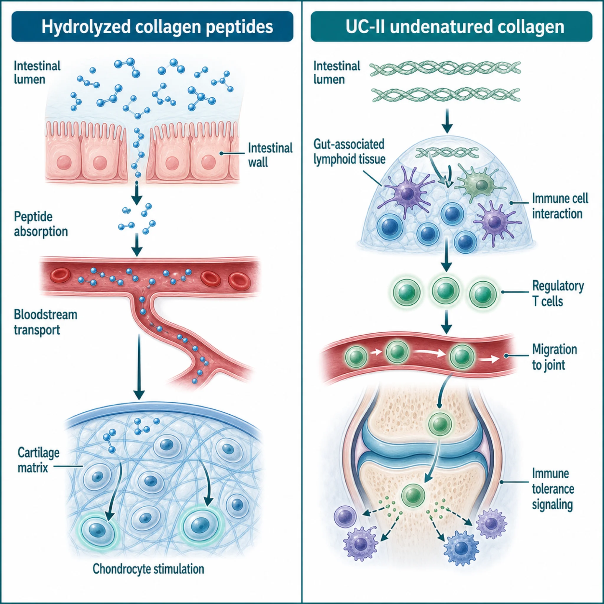 Comparison illustration of hydrolyzed collagen building-block mechanism versus UC-II immune modulation mechanism