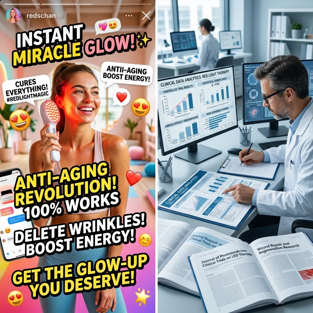 Visual contrast between social media marketing claims about red light therapy and actual published research evidence