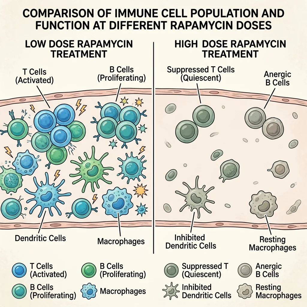 Comparison of immune cell activity at low-dose versus high-dose rapamycin showing the dose-dependent threshold