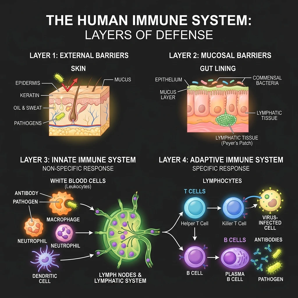 Illustrated diagram showing innate and adaptive immune system components working together in the human body
