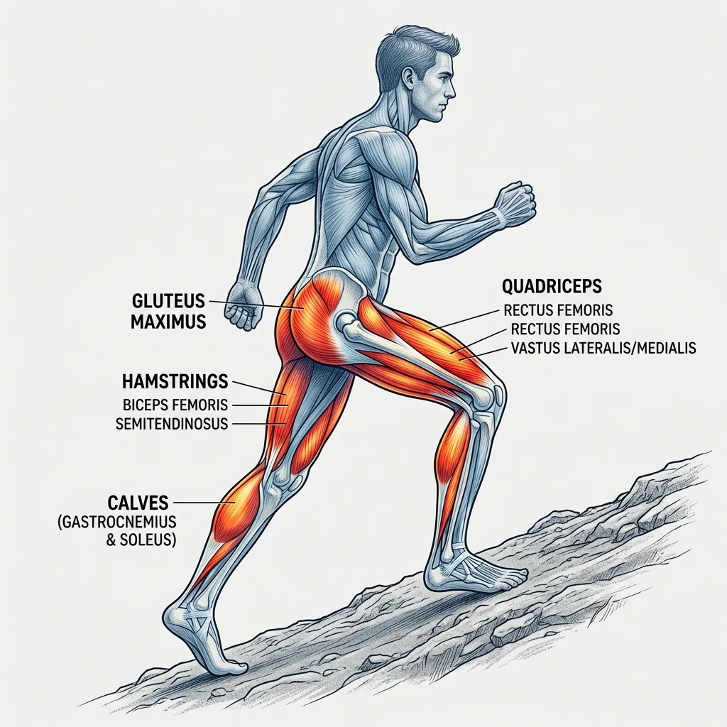 Anatomical illustration showing the muscle groups activated during incline walking including glutes, quadriceps, hamstrings, and calves