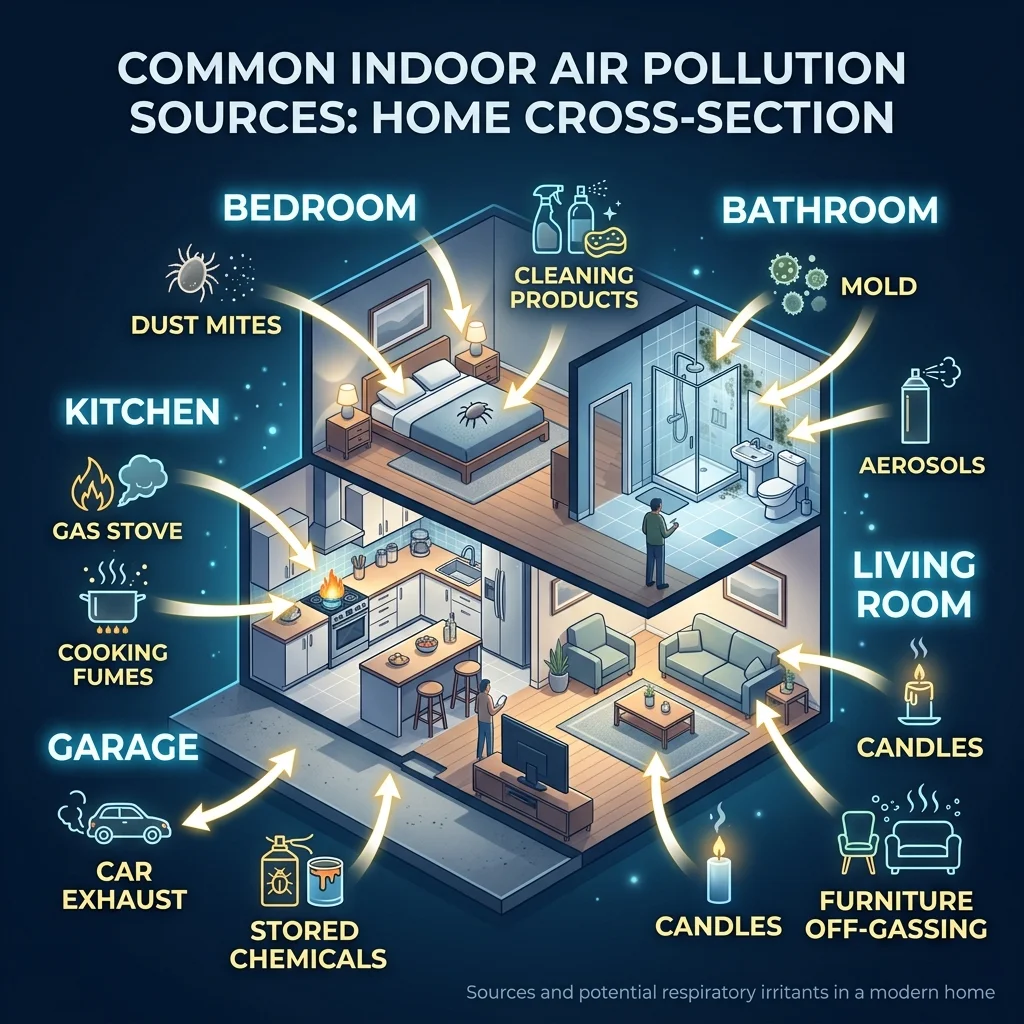 Cross-section infographic of a home showing common indoor air pollution sources by room including gas stove emissions, furniture off-gassing, dust mites, and cleaning products