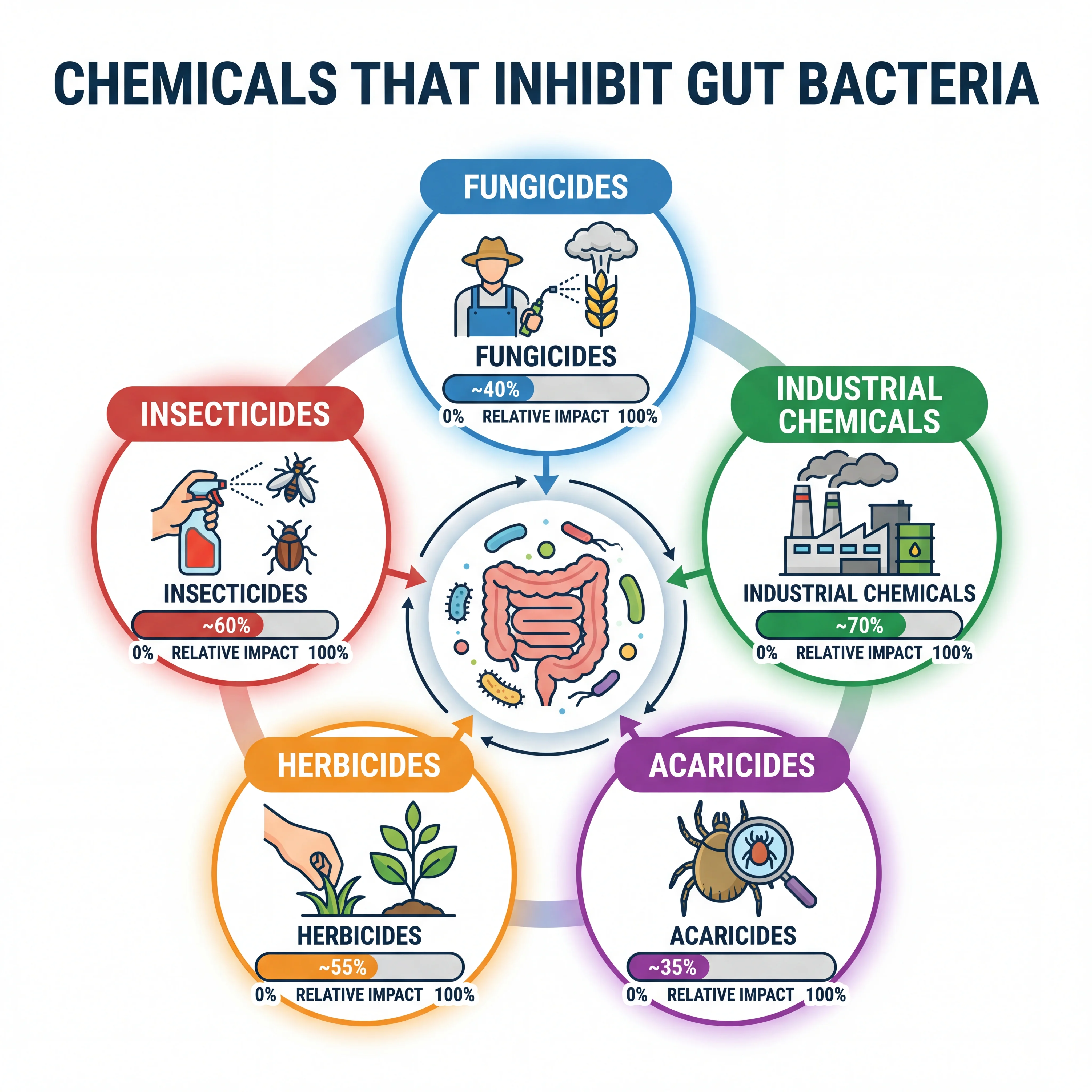 Infographic showing categories of chemicals that inhibit gut bacteria including fungicides, industrial chemicals, and acaricides with their relative impact levels
