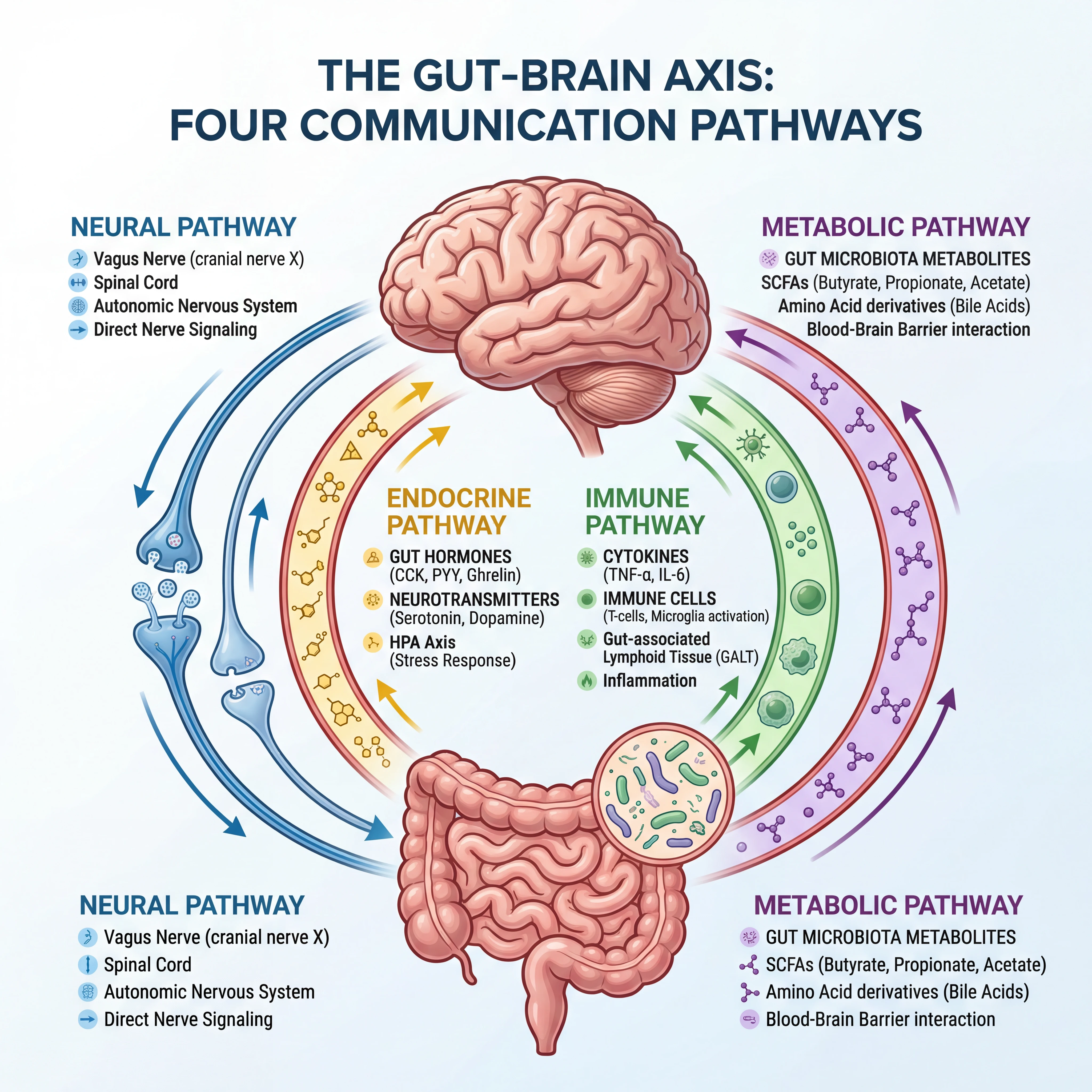 Infographic showing four communication pathways between gut and brain including neural, endocrine, immune, and metabolic routes