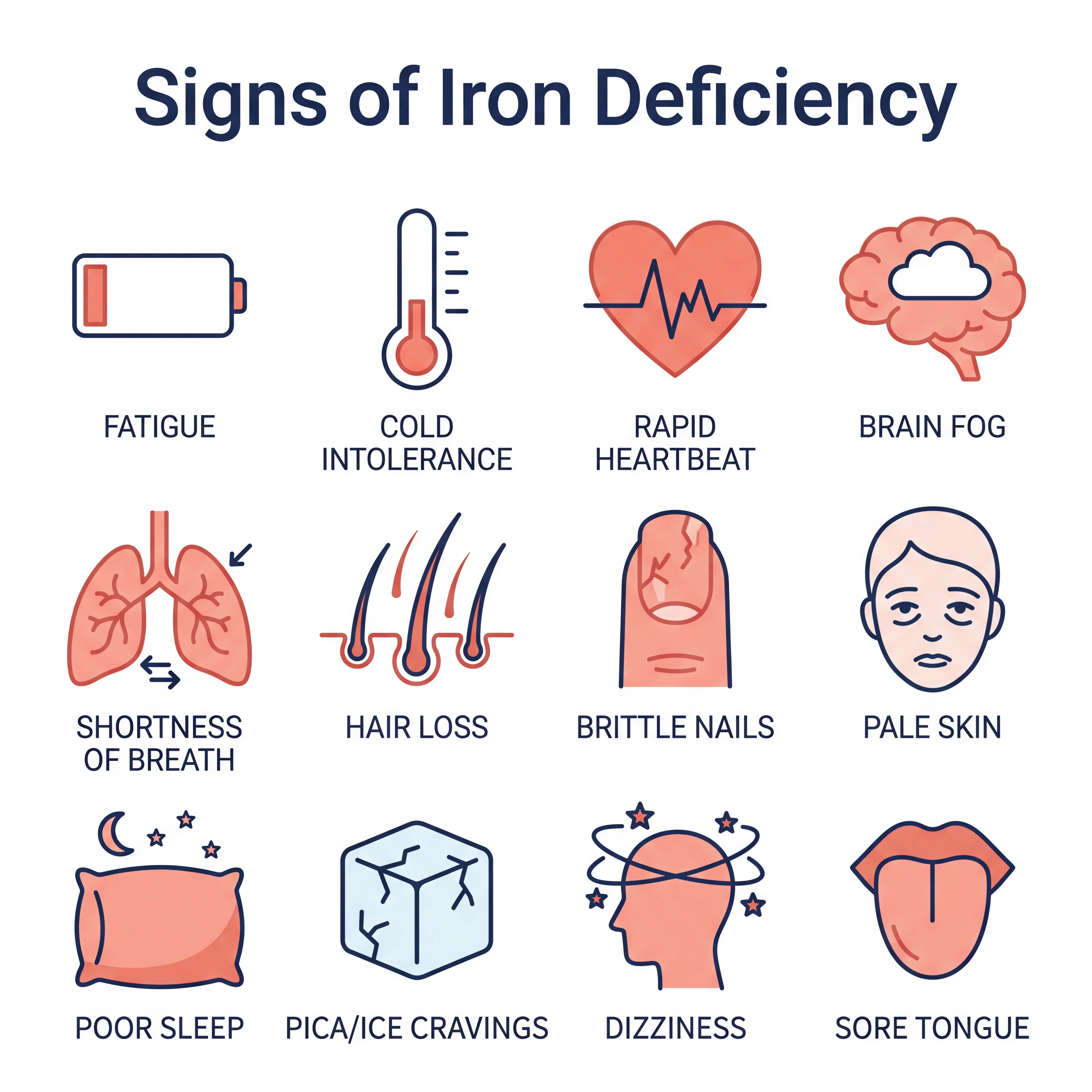 Infographic showing twelve common symptoms of iron deficiency arranged in a grid with simple icons