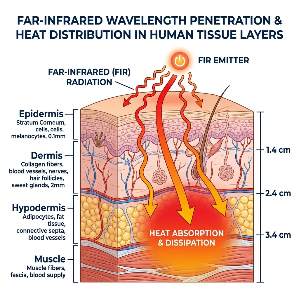 Cross-section diagram showing far-infrared heat penetrating skin at decreasing intensity through 3.4 centimeters of tissue