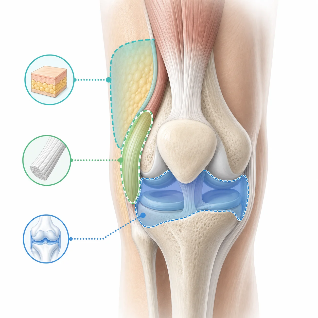 Simplified knee illustration showing different injectable delivery zones