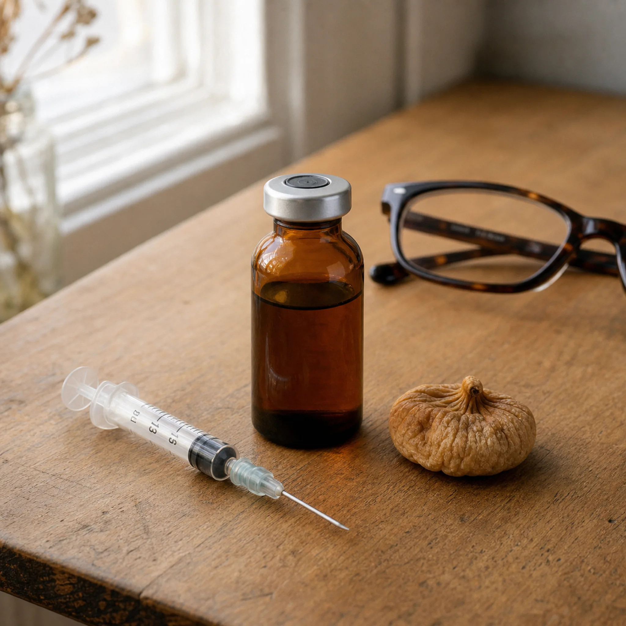 A still life showing a sealed medication vial and syringe on a wooden table, used to illustrate the high-risk peptide category