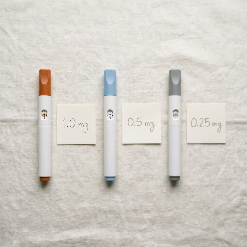 Three unbranded weekly injection pens lined up on a clean white surface with handwritten dose notes, suggesting the comparative landscape of GLP-1 receptor agonists.