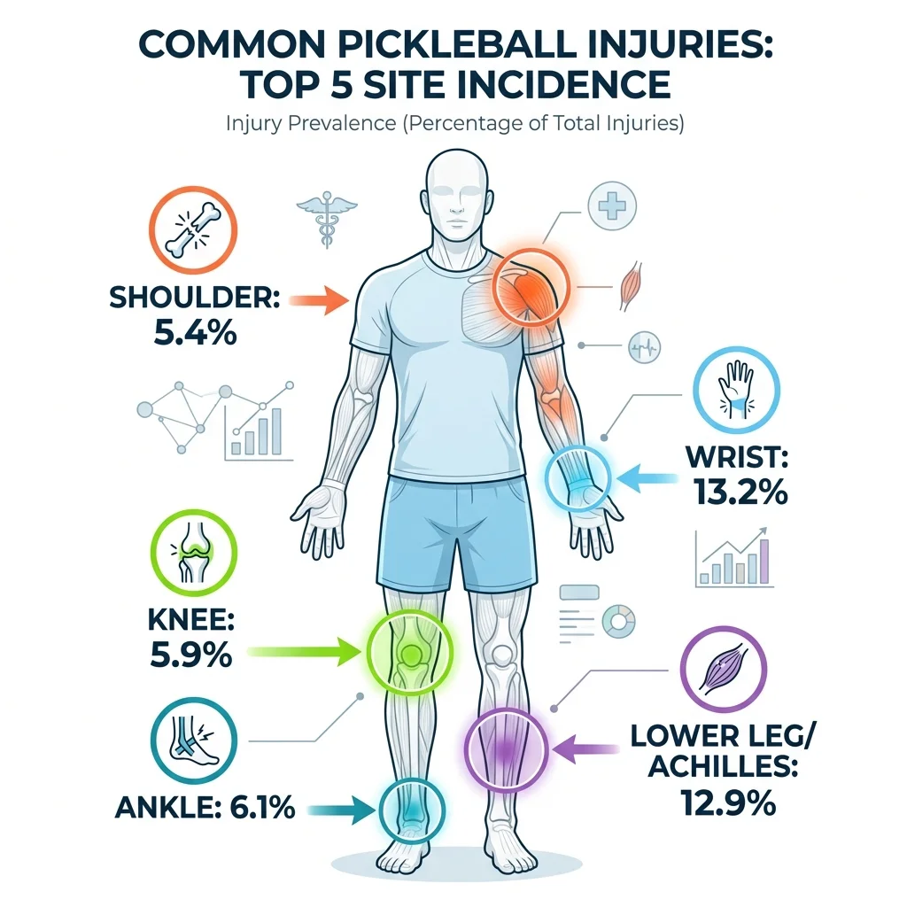 Infographic showing the five most common pickleball injury sites on a human body with percentage breakdowns